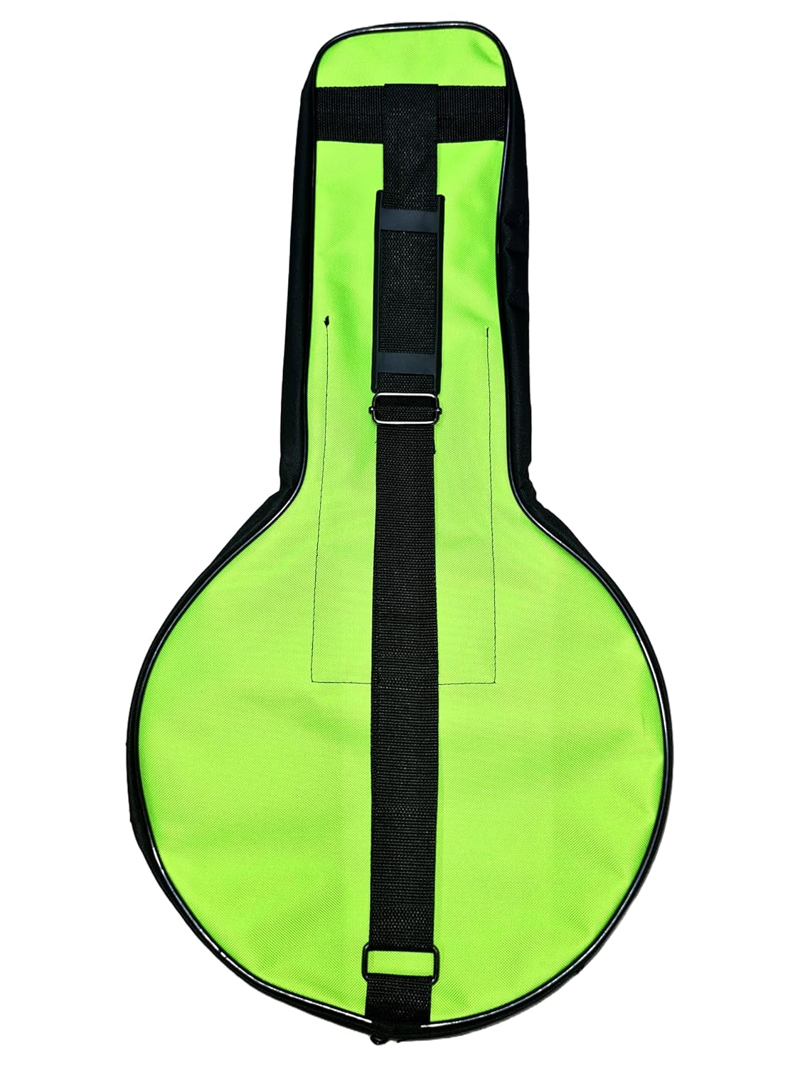 Green guitar case with a black strap on a white background