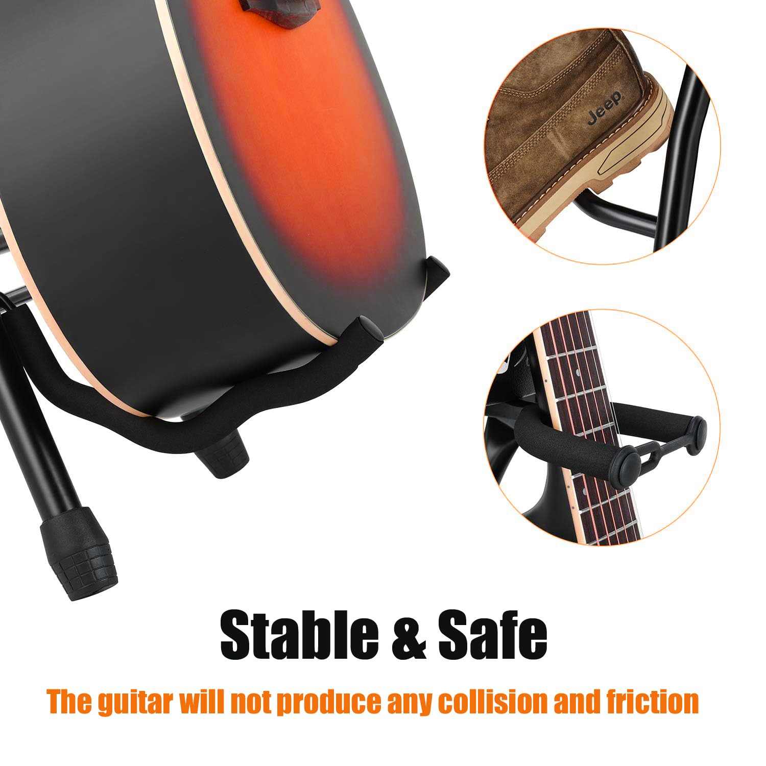 Guitar stand holding a guitar with close-up details and text 'Stable & Safe'.