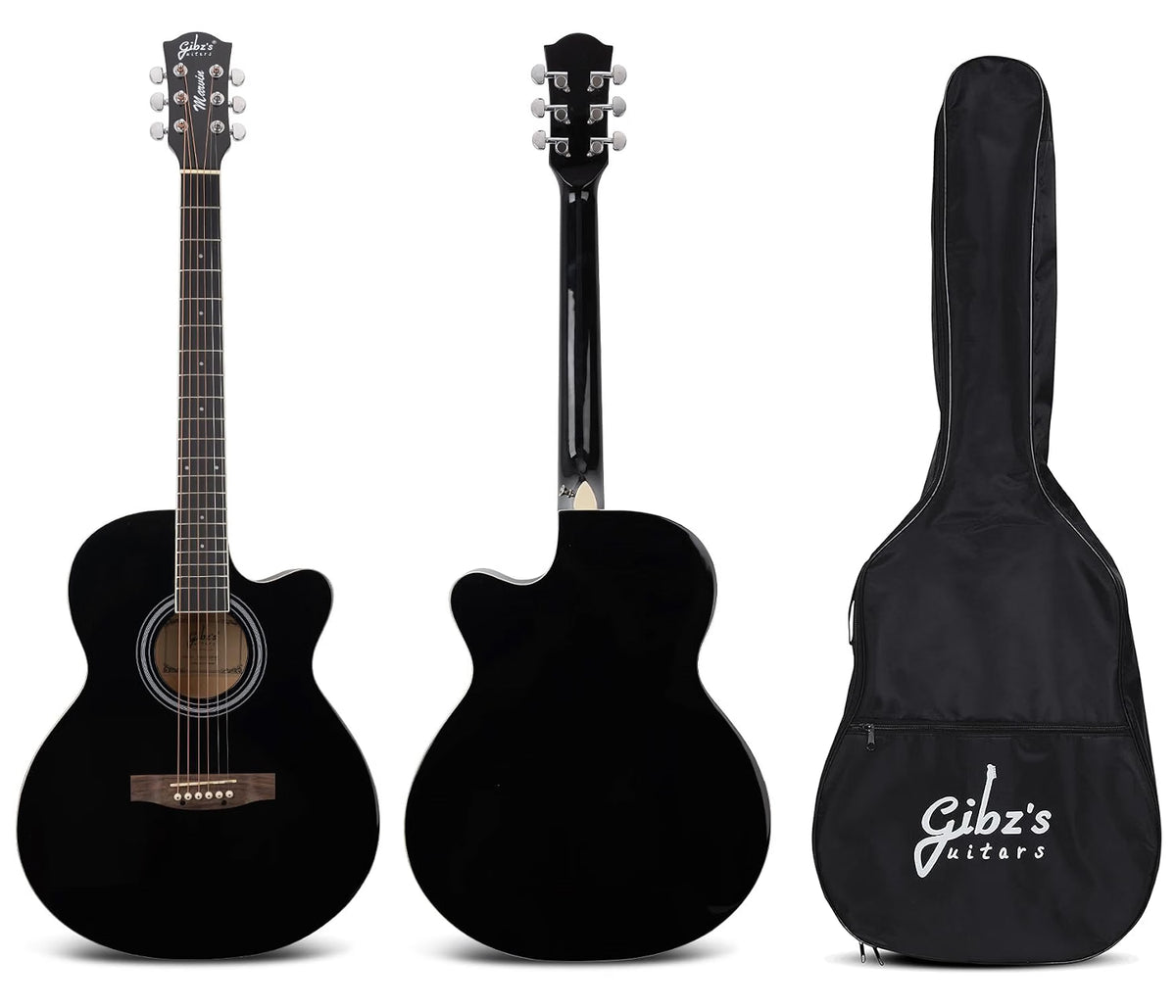 Gibz's Guitars Marvin 40" Full-Size Brown Acoustic Guitar Premium Cutaway Body High-Gloss Finish Bronze-Coated Strings Adjustable Truss Rod Die-Cast Tuning Keys Rosewood Bridge Ideal for Beginners, Students & Adults – GM 40 BK