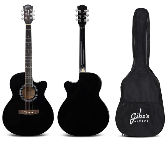 Gibz's Guitars Marvin 40" Full-Size Brown Acoustic Guitar Premium Cutaway Body High-Gloss Finish Bronze-Coated Strings Adjustable Truss Rod Die-Cast Tuning Keys Rosewood Bridge Ideal for Beginners, Students & Adults – GM 40 BK