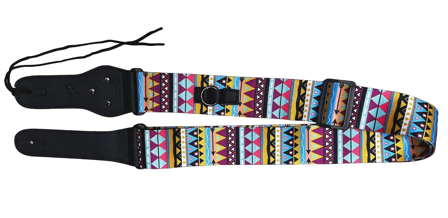 Multicolored patterned guitar strap with black hardware on a white background