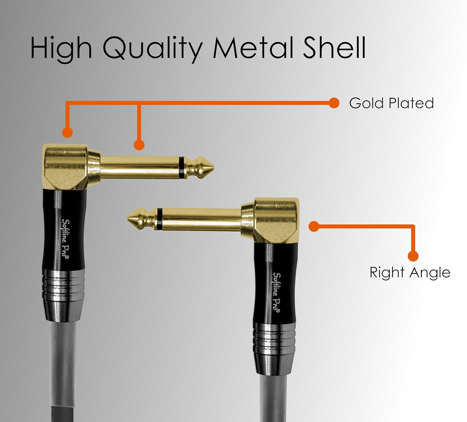 Two audio cables with gold-plated connectors on a gray background, highlighting 'High Quality Metal Shell' feature.