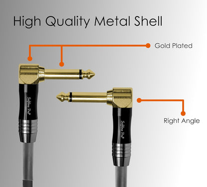 Two audio cables with gold-plated connectors on a gray background, highlighting 'High Quality Metal Shell' feature.