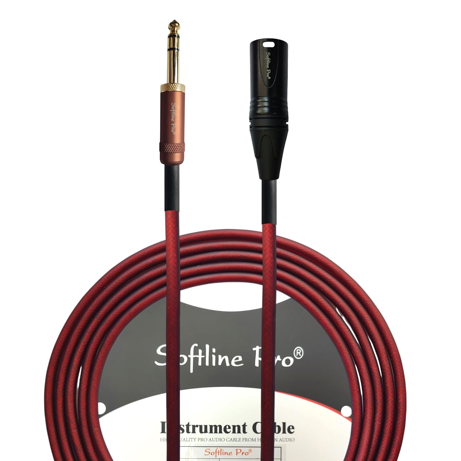 Red instrument cable with gold and black connectors on a white background