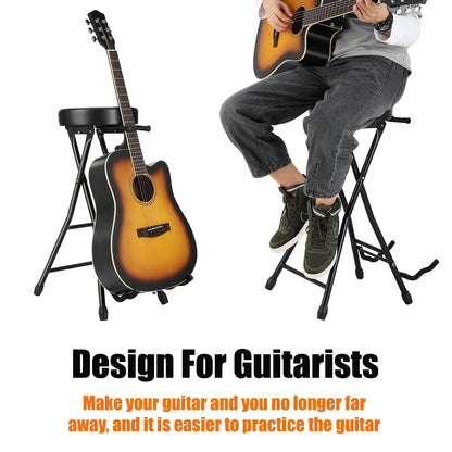 Person playing guitar on a stand with an acoustic guitar beside it, text 'Design For Guitarists' displayed.