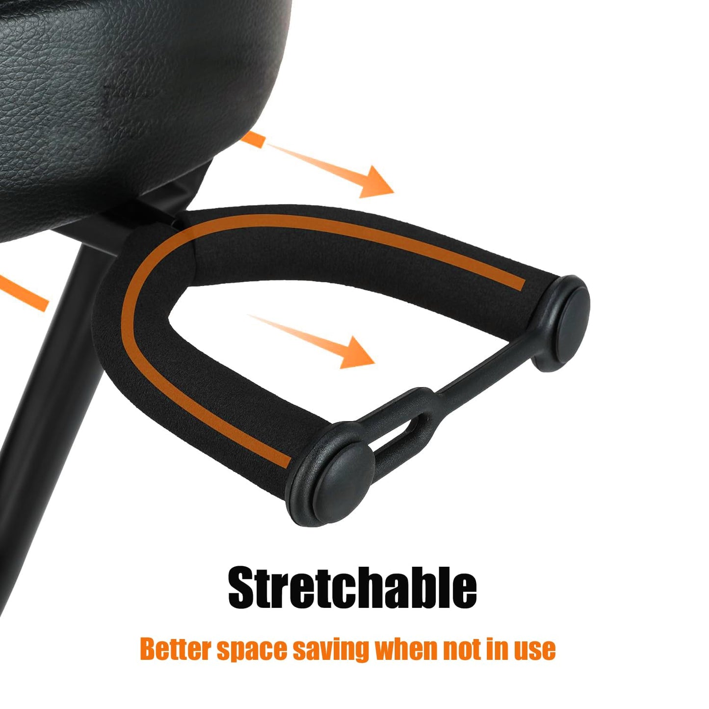 Stretchable black strap with orange accents attached to a car seat, highlighting its stretchability feature.