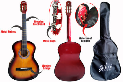 Gibz’s Guitaro GG 39 SB 39-Inch Classical Acoustic Guitar – Full-Size Basswood Body, Wooden Fretboard & Bridge, Metal Strings, Open-Head Metal Tuning Machines – Rich Tone, Comfortable Playability, Ideal for Beginners & Intermediate Players (Copy)