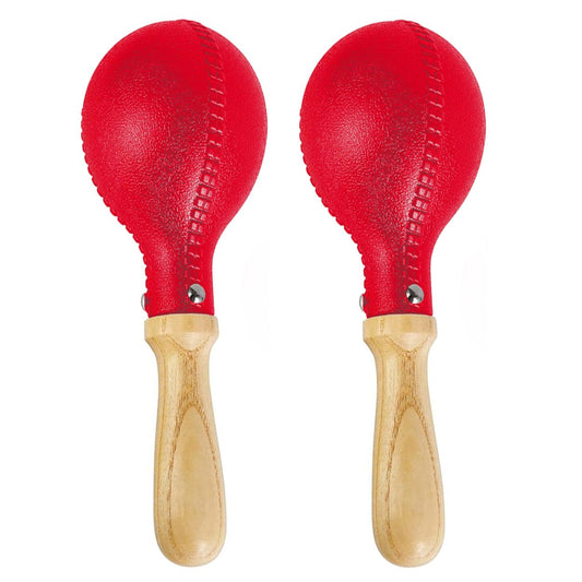 Two red maracas with wooden handles on a white background