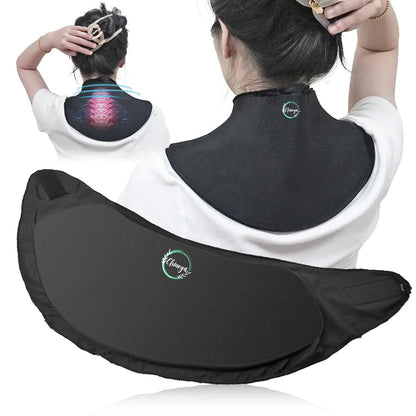 Person using a black neck and shoulder massager with a visible brand logo.