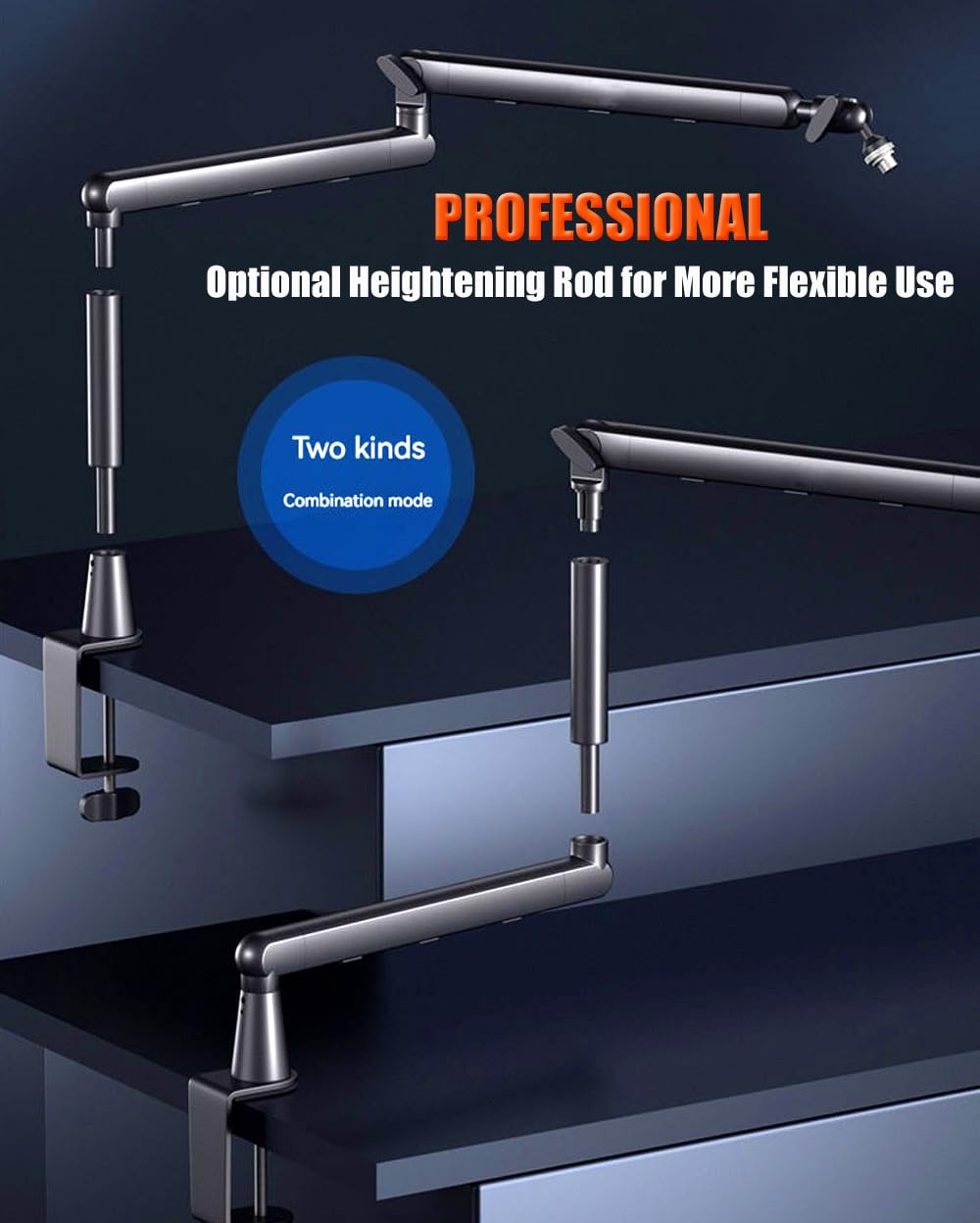 High-quality metal microphone stand with adjustable boom and secure base