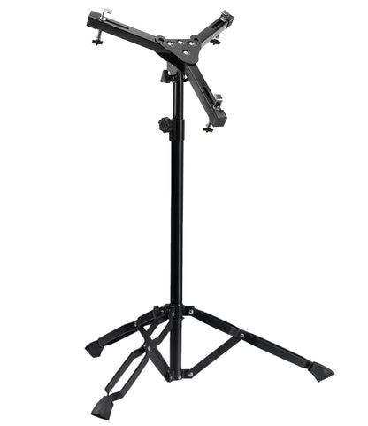 Black adjustable music stand on a white background