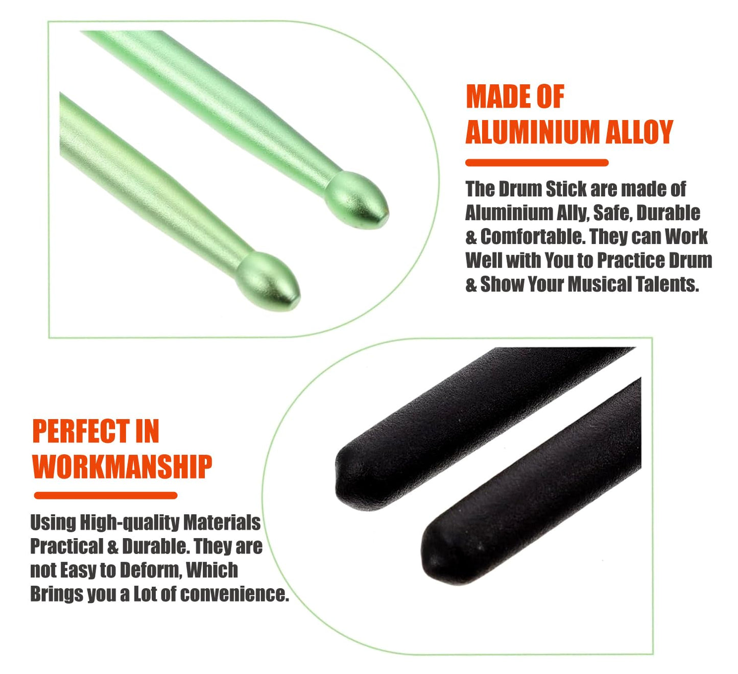 Drum sticks made of aluminium alloy with text highlighting their safety, durability, and comfort.