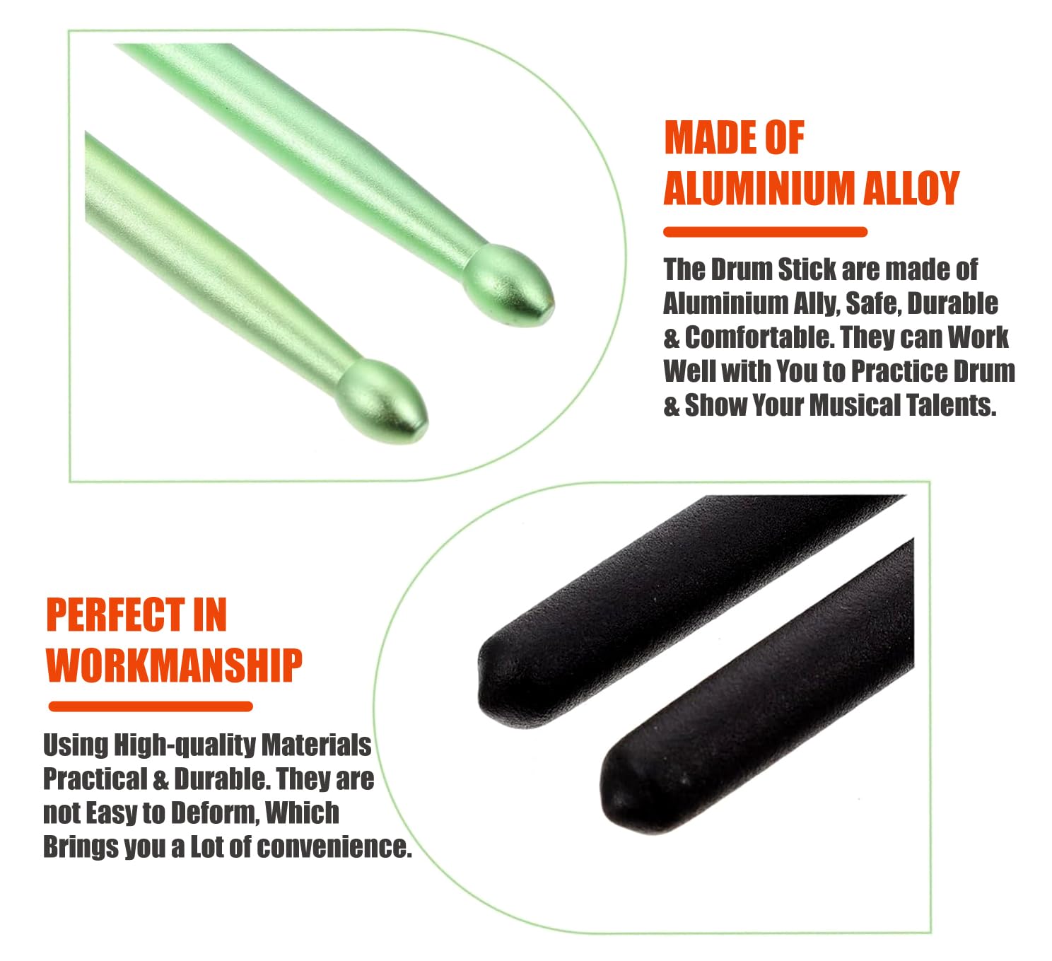 Drum sticks made of aluminium alloy with text highlighting their safety, durability, and comfort.