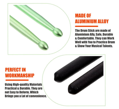 Drum sticks made of aluminium alloy with text highlighting their safety, durability, and comfort.