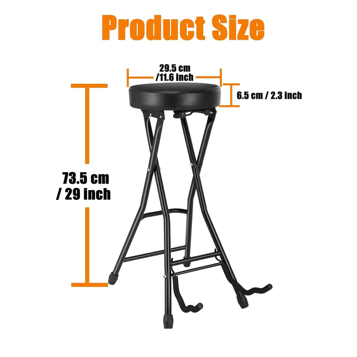 Black bar stool with measurements on a white background