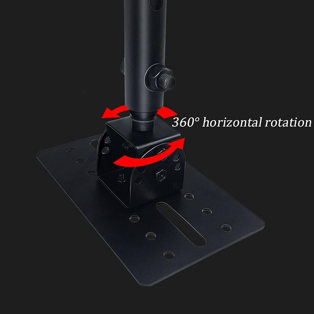 Black adjustable stand with 360-degree horizontal rotation feature on a black background