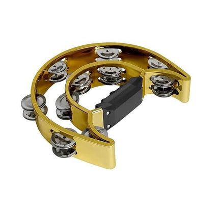 Close-up of the non-slip handle and jingle discs on the golden hand-held tambourine