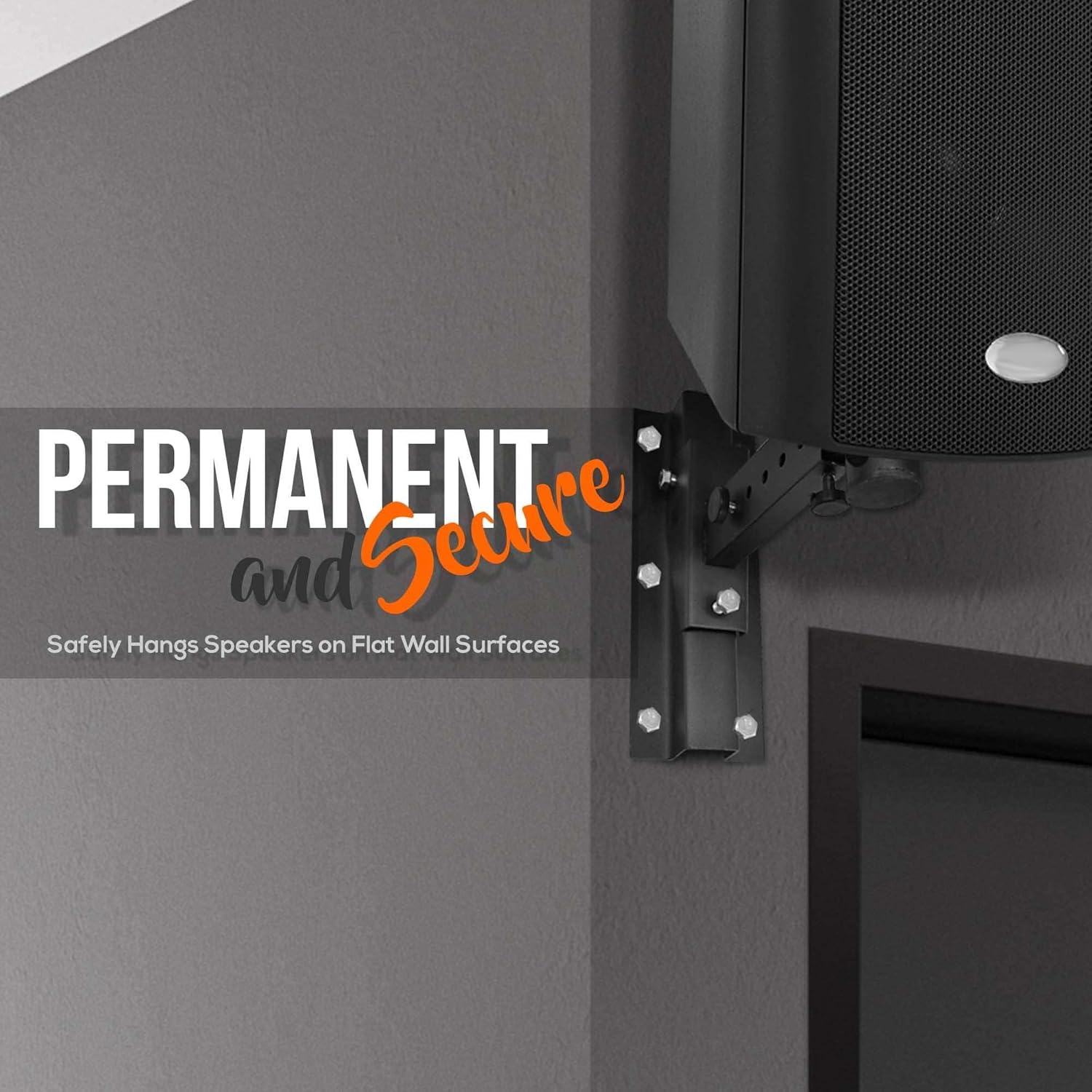 Speaker mount securely attached to a wall with text 'Permanent and Secure'.