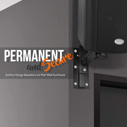 Speaker mount securely attached to a wall with text 'Permanent and Secure'.