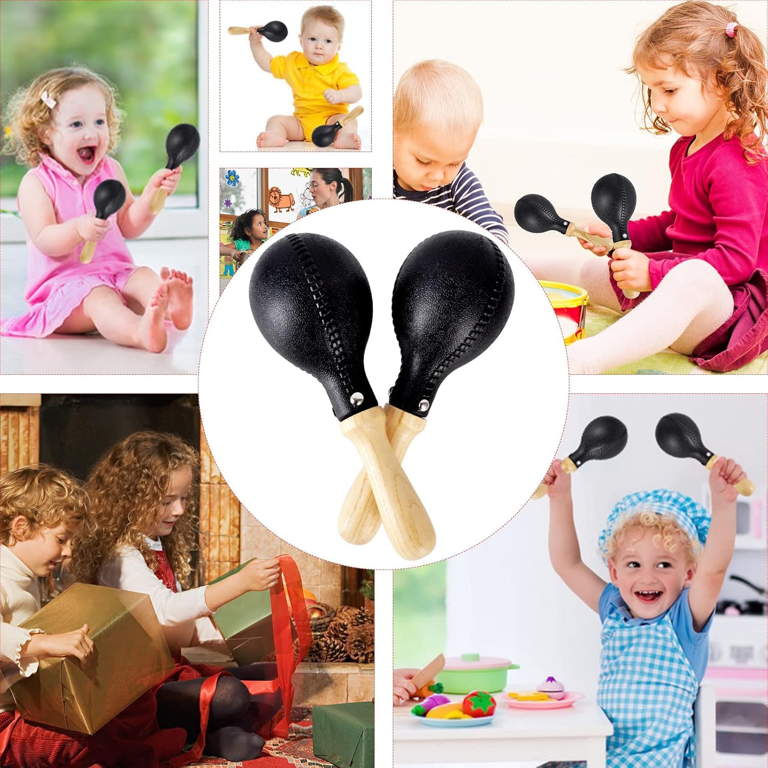 Collage of children playing with maracas and a close-up of the maracas.