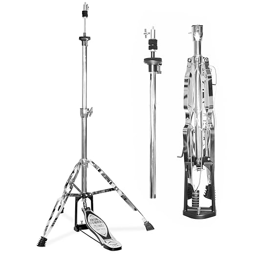A heavy-duty double-braced hi-hat stand with longboard swiveling footplate and adjustable precision spring dial, predominantly silver in color