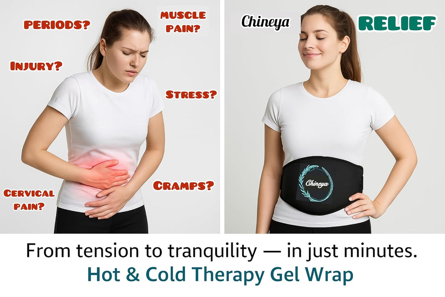 Hot and cold therapy gel wrap advertisement with a woman wearing the wrap and text highlighting its uses
