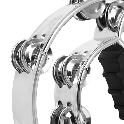 Close-up of ergonomic ABS handle and stainless steel jingles of the tambourine