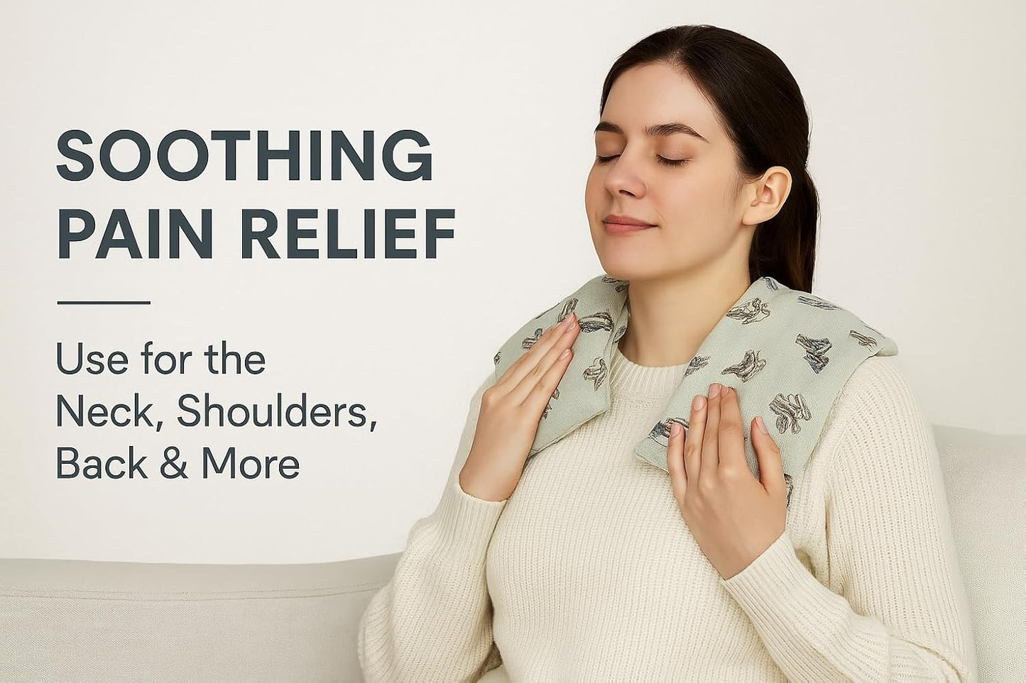 Woman using a heating pad for neck, shoulders, and back on a light background with text about soothing pain relief