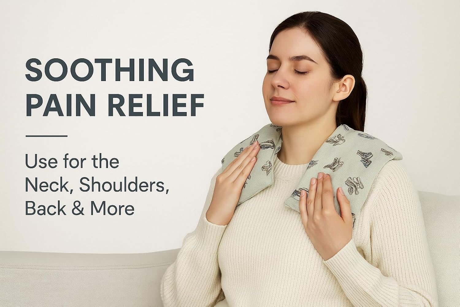 Woman using a heating pad for neck, shoulders, and back on a light background with text about soothing pain relief
