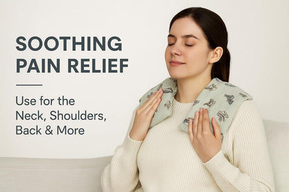 Woman using a heating pad for neck, shoulders, and back on a light background with text about soothing pain relief