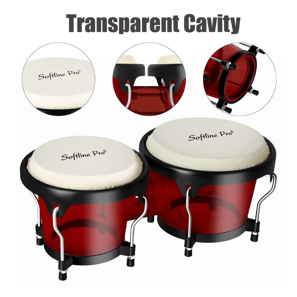 Angle showcasing both bongo drums with transparent body and metal rims.