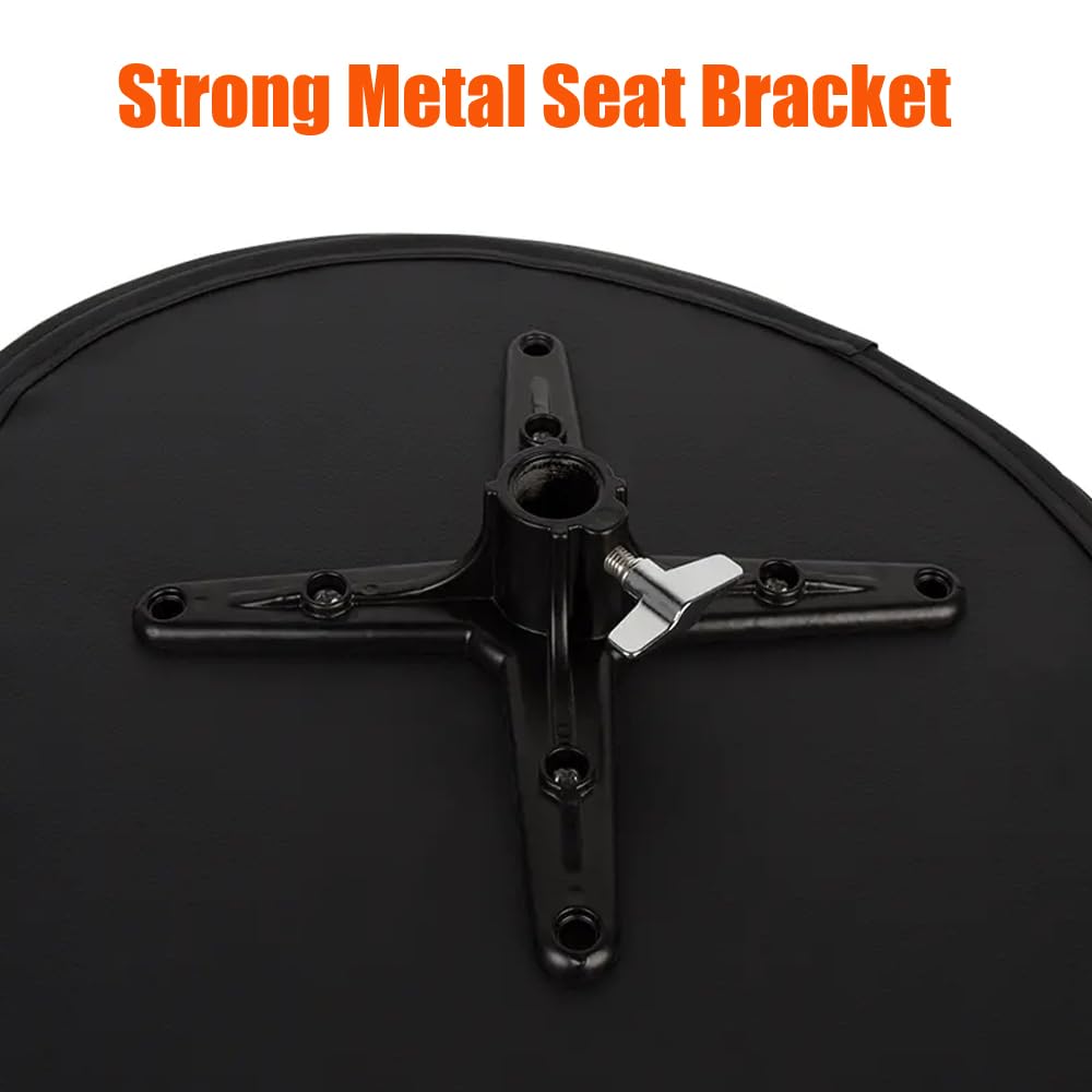 Black metal seat bracket on a black background with orange text