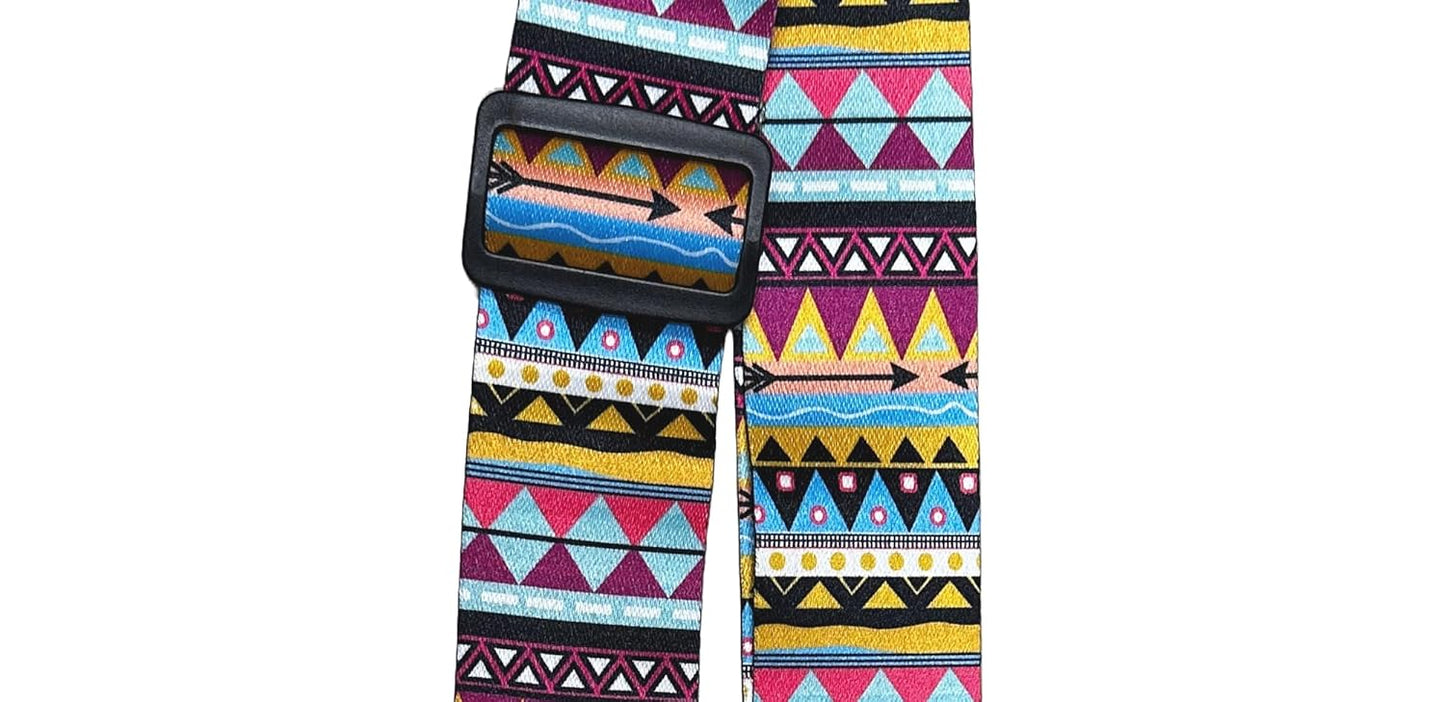 Colorful patterned belt with a black buckle on a white background