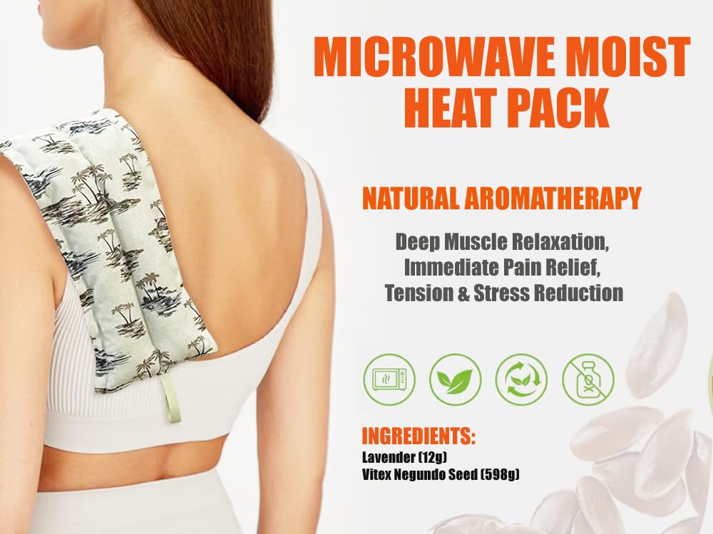 Person wearing a microwave moist heat pack on their shoulder with product details.
