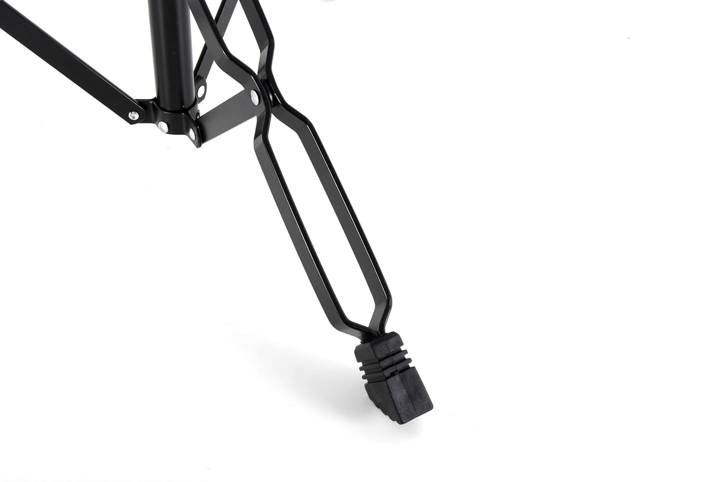 Close-up of a black metal bike frame on a white background