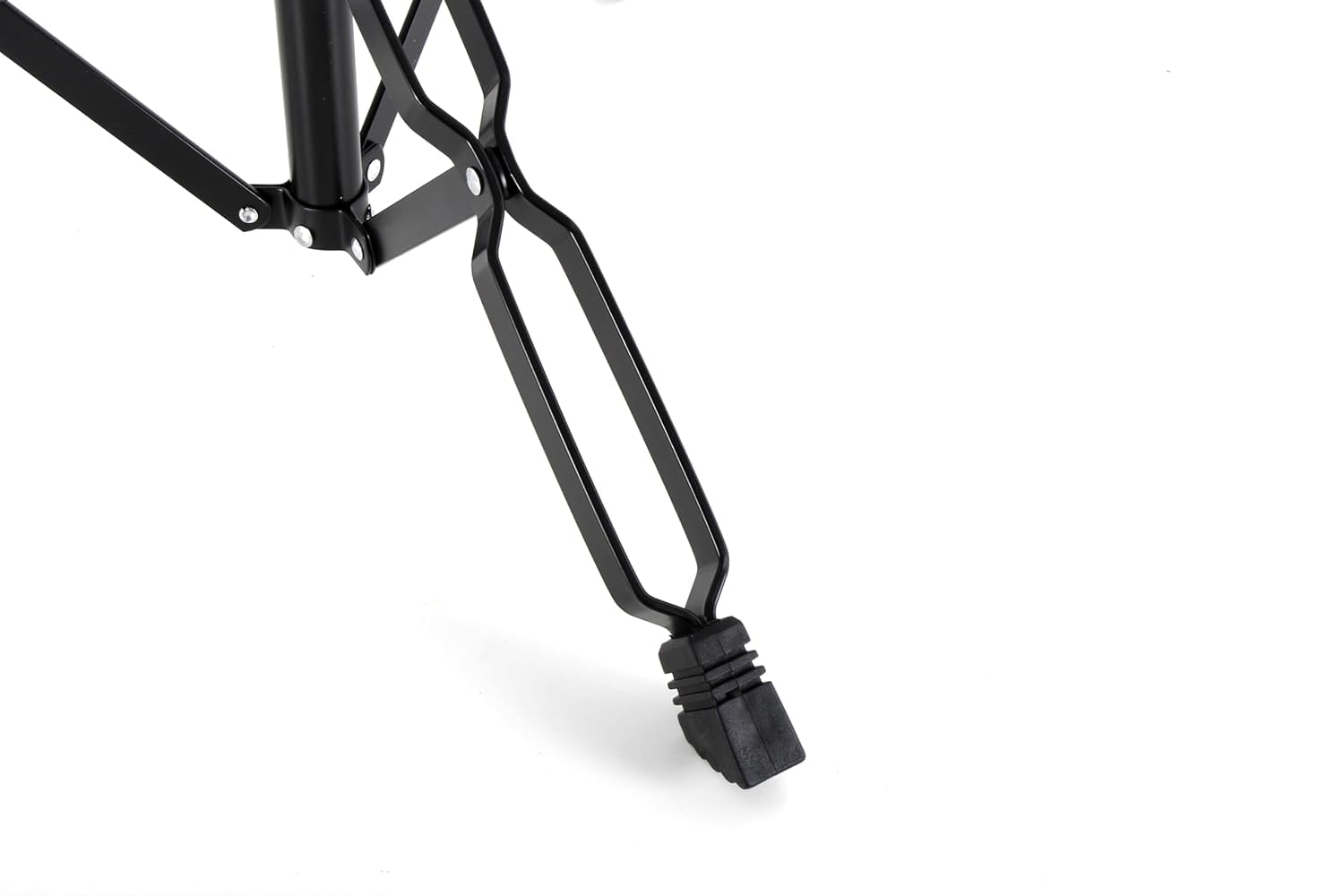 Close-up of a black metal bike frame on a white background