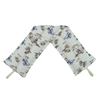 Baby bib with vintage-style illustrations on a white background