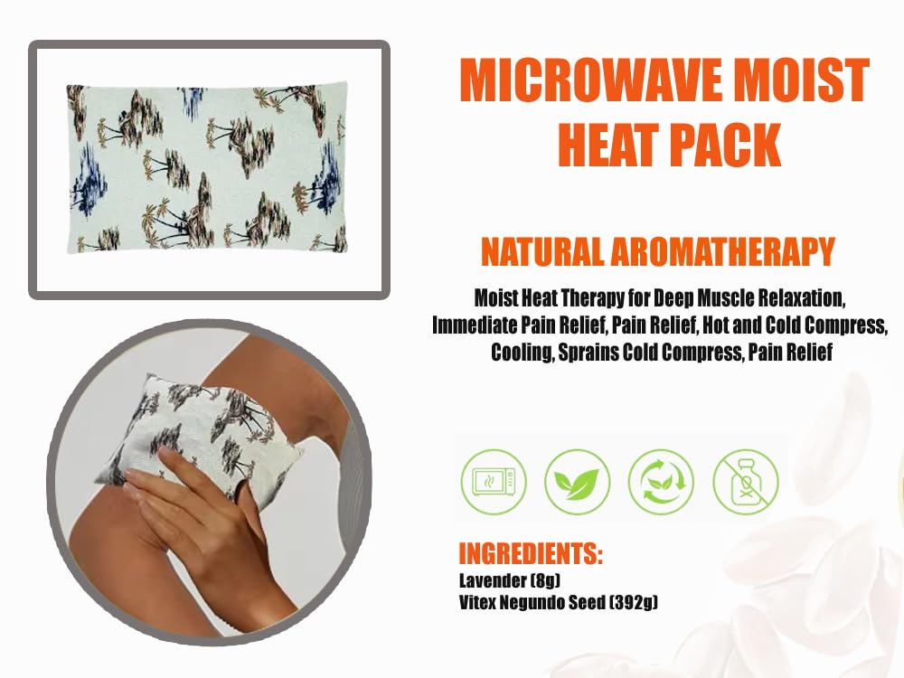 Advertisement for a microwave moist heat pack with natural aromatherapy, showing ingredients and usage.