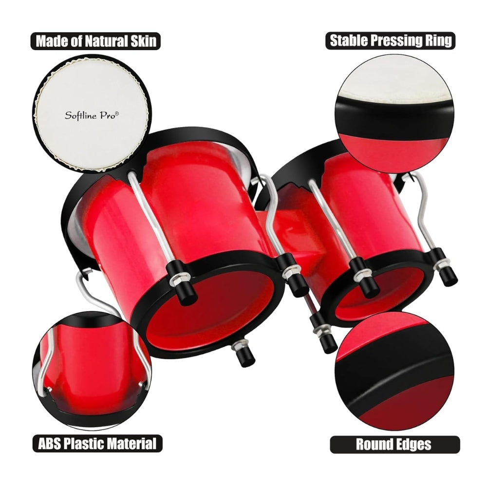 Close-up of natural skin drum head on red ABS bongo shell.