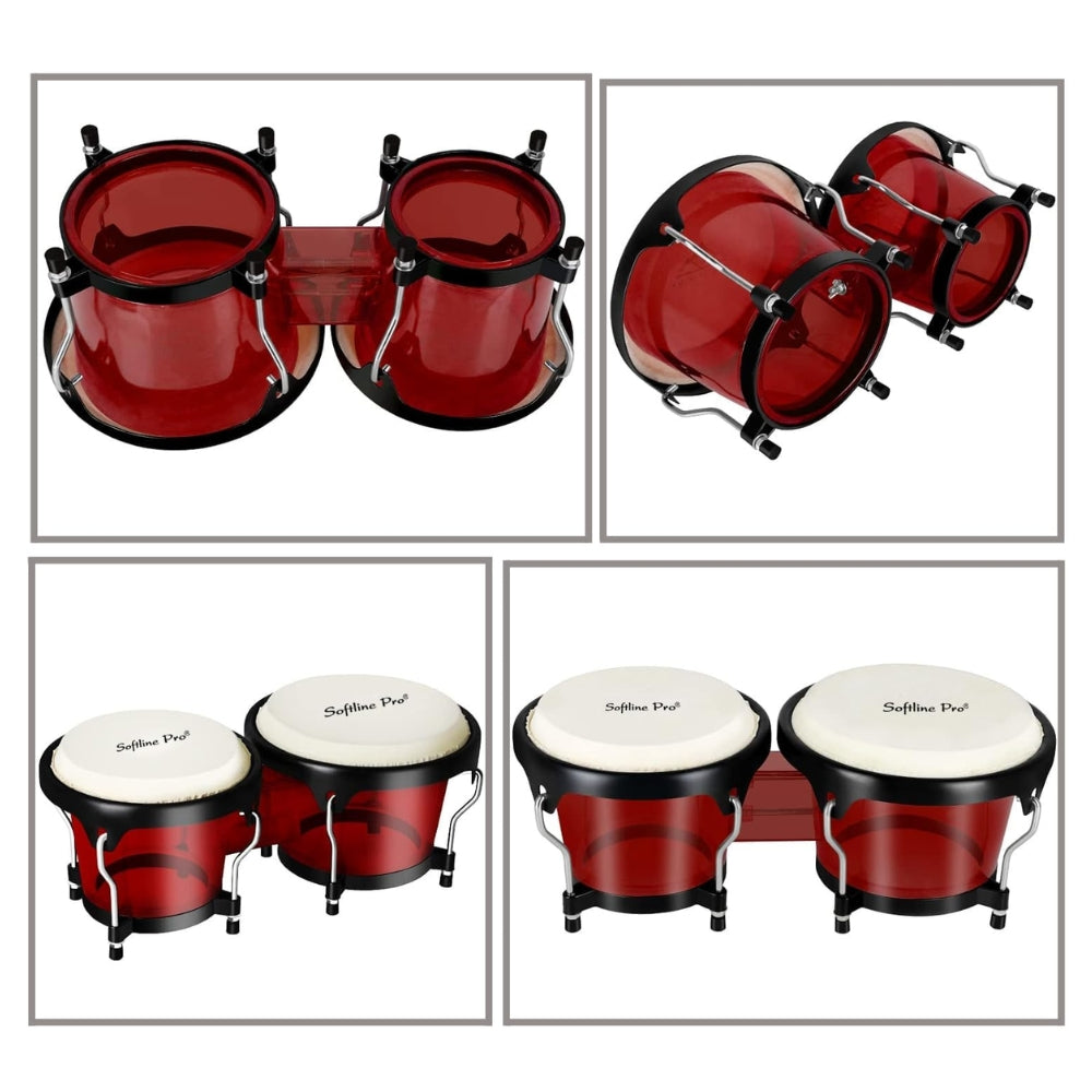 Close-up of the transparent red cavity showing drum hardware and natural skin head.