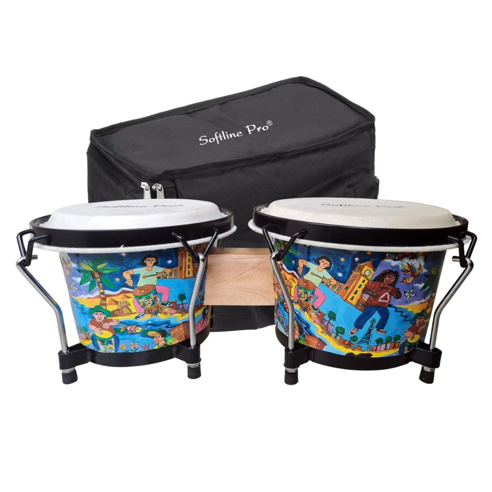 Softline Pro rhythm-club print wooden bongo drums with tuning wrench and padded carry bag.