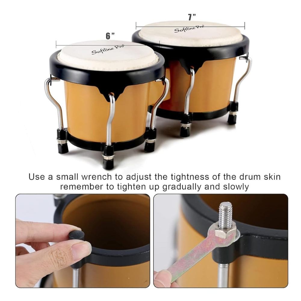 Tuning wrench inserted into bongo drum lug demonstrating tuning capability.