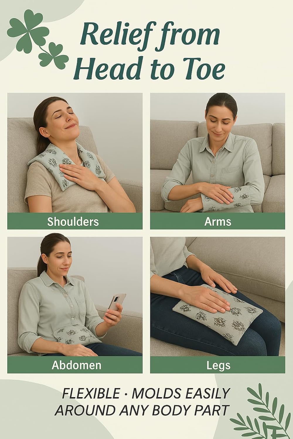 Woman using a heat pack on various parts of her body with text indicating relief from head to toe.
