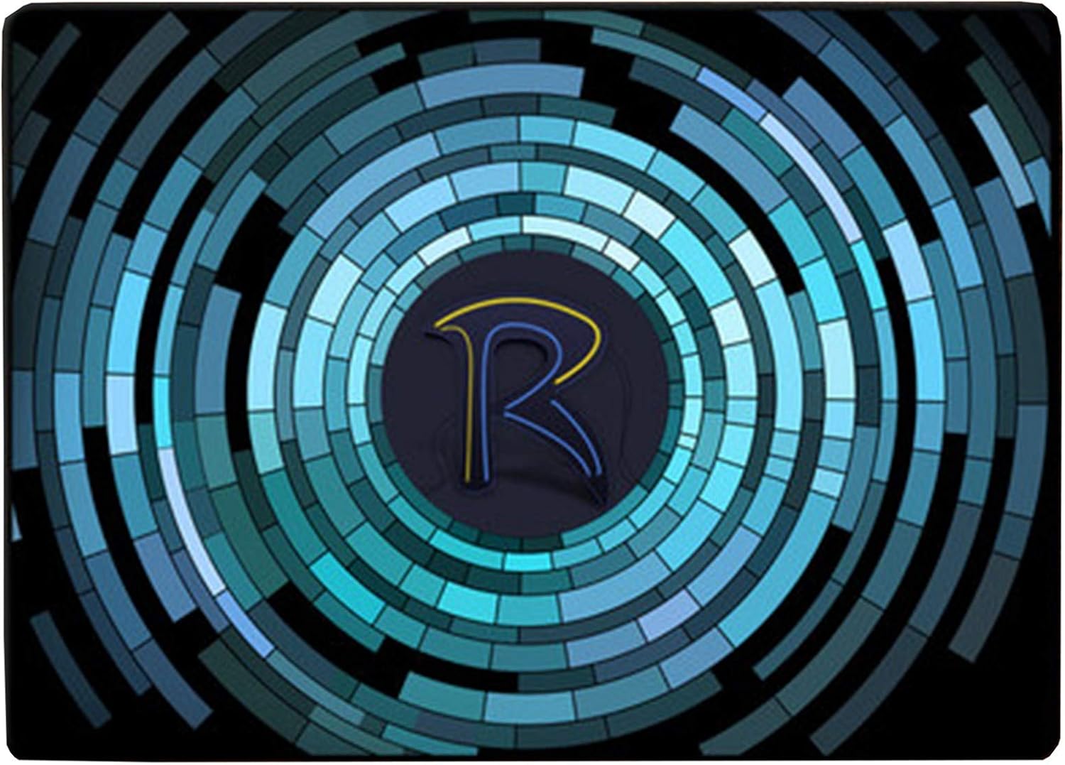 Circular mosaic design with a logo in the center on a dark background