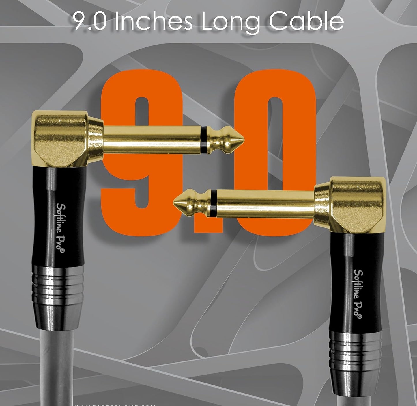 Two audio cables with gold connectors on a gray background with '9.0' in orange.