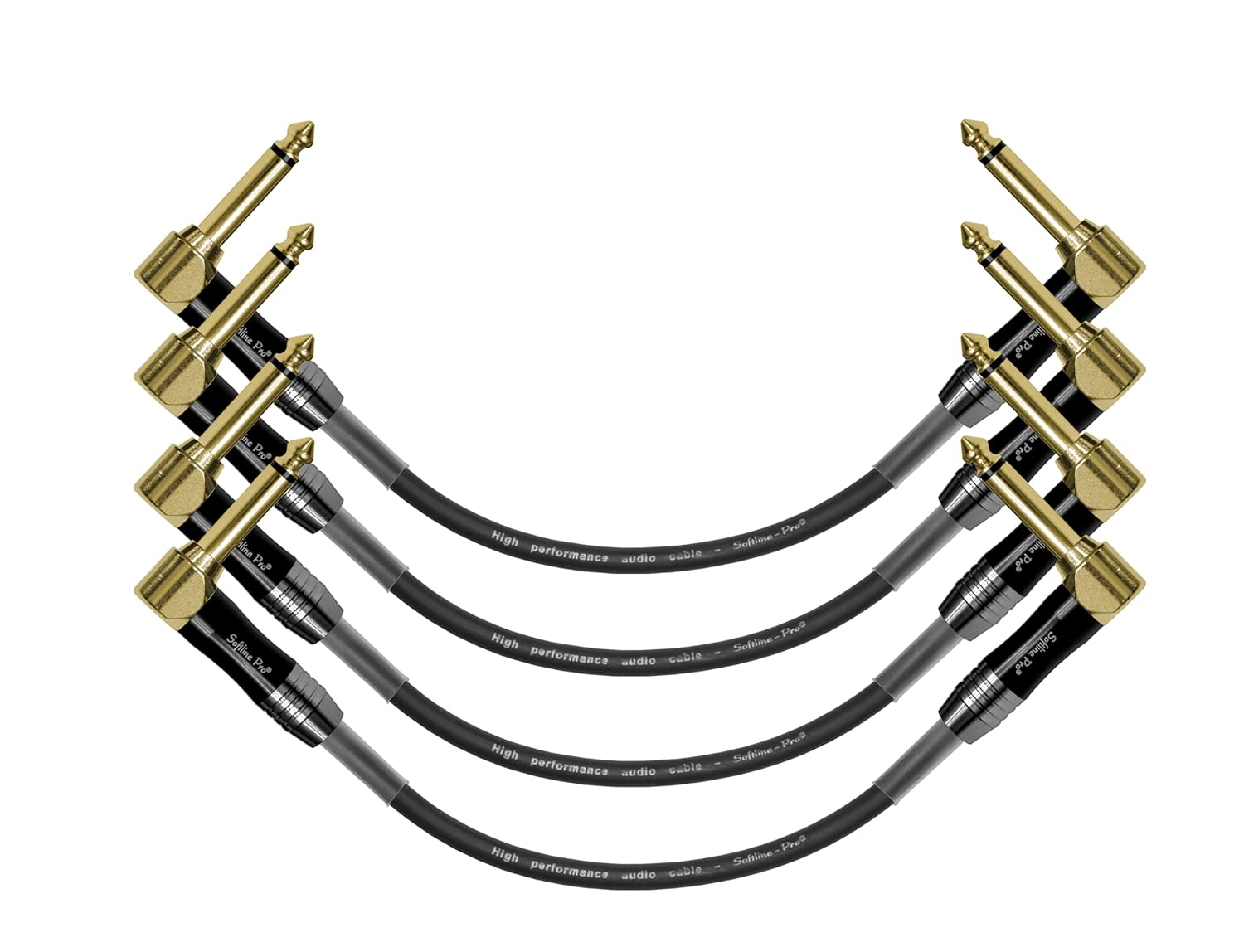 Four guitar cables with gold connectors on a white background