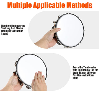 Two methods of using a tambourine: shaking and tapping the drum surface