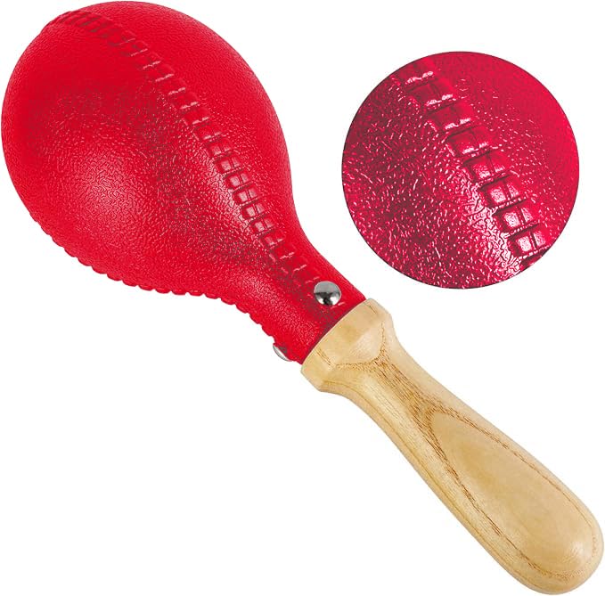Red maraca with wooden handle on a white background