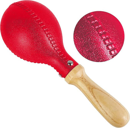Red maraca with wooden handle on a white background