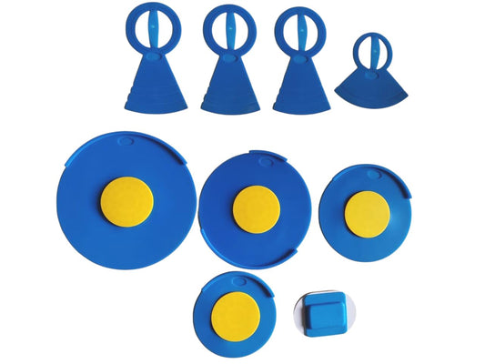 Set of blue and yellow objects on a white background